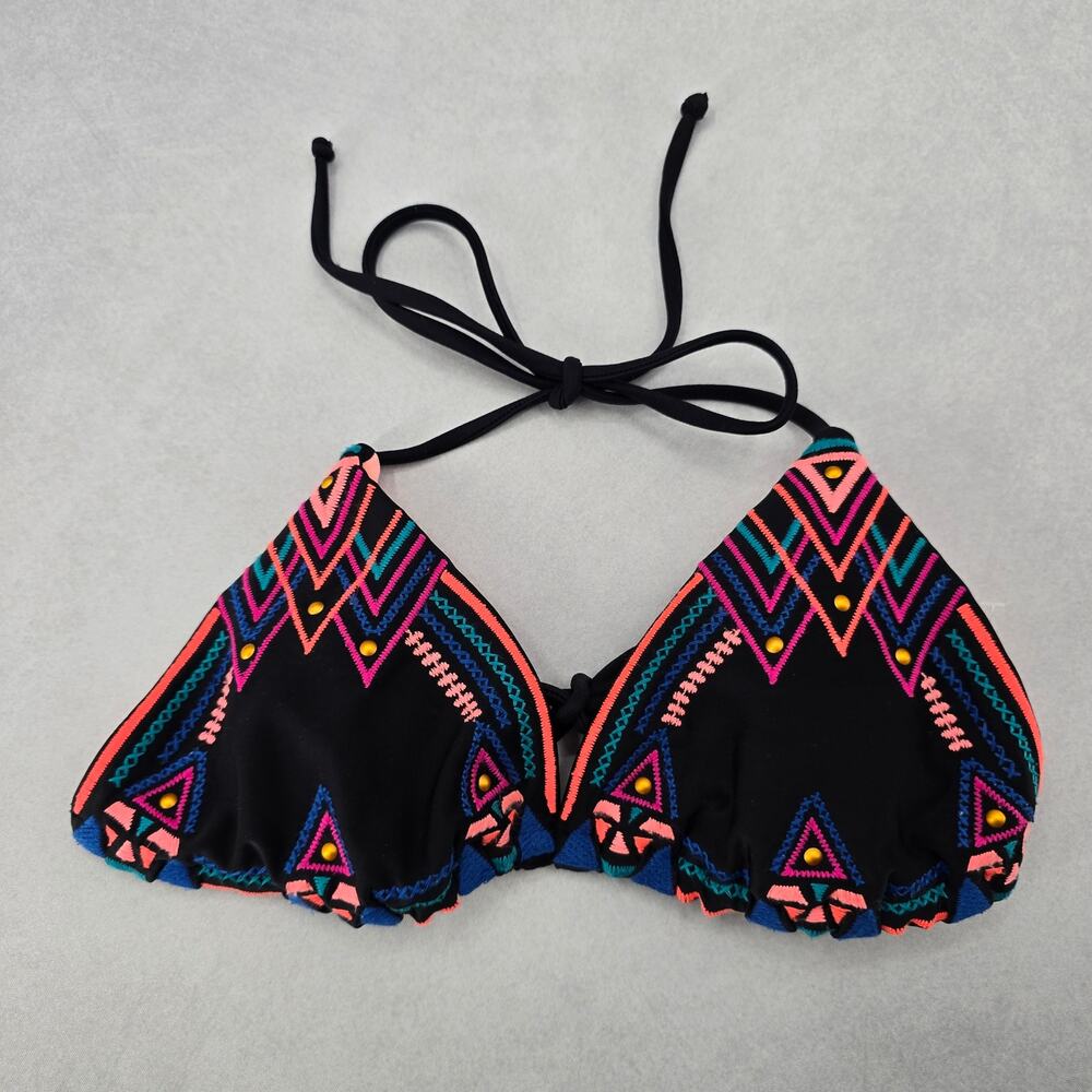 Black Embroidered Stud Padded Tie Beach Sports‎ Bikini Bralette Swim Top S Small